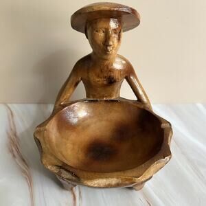 Vintage Hand-Carved Wooden Asian Man Figure with Bowl or Ashtray